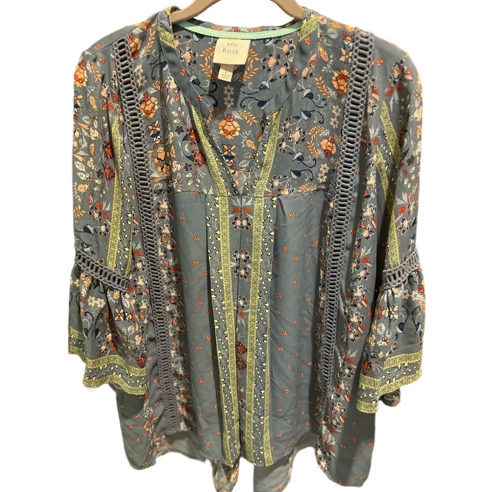 Knox Rose Blue Floral Boho Peasant Blouse - Picture 2 of 7